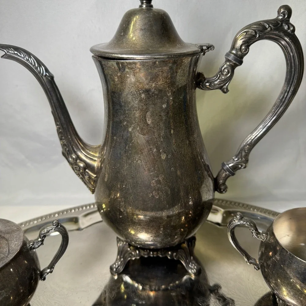 Vintage Oneida Silver Plate Tea Coffee Service Set with Etched Serving Tray 5pc